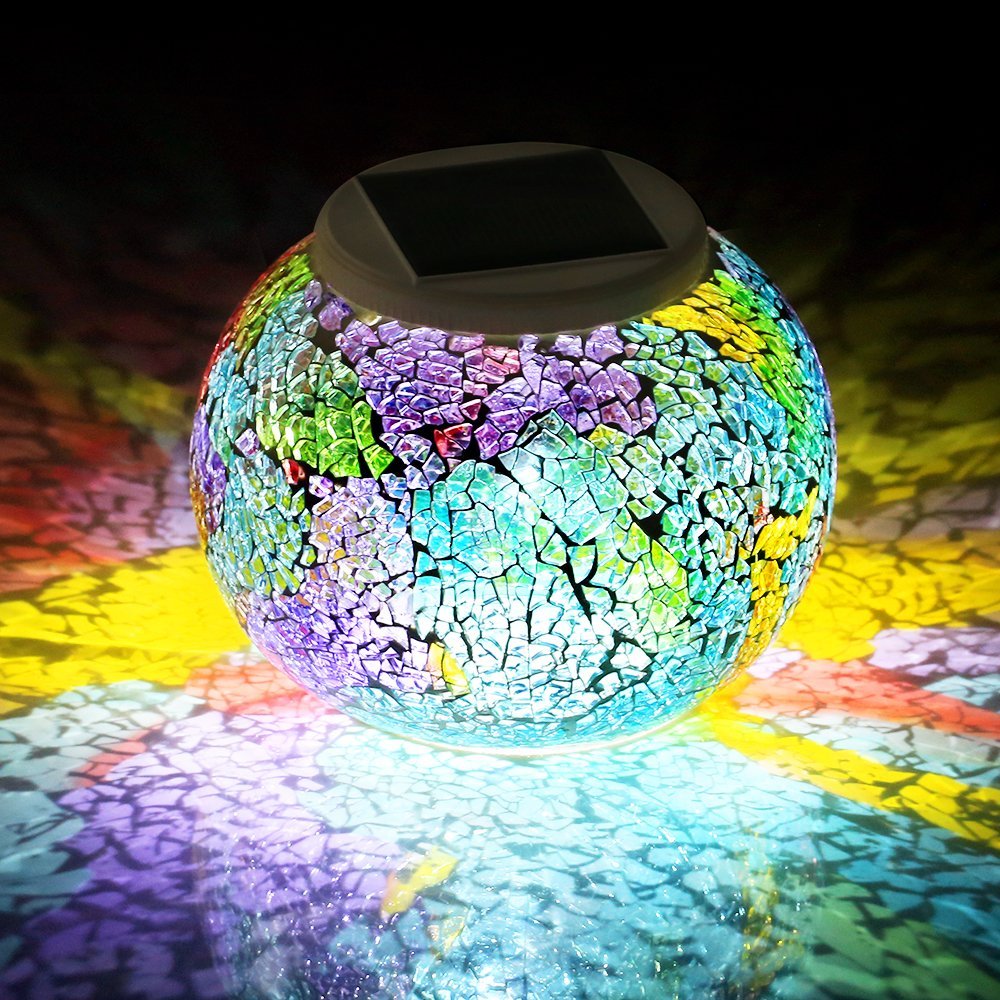 Color Changing Solar Powered Glass Mosaic Ball Led Garden Lights, Rechargeable Outdoor Waterproof Solar Night Lights Table Lamps for Decorations, Ideal Gifts