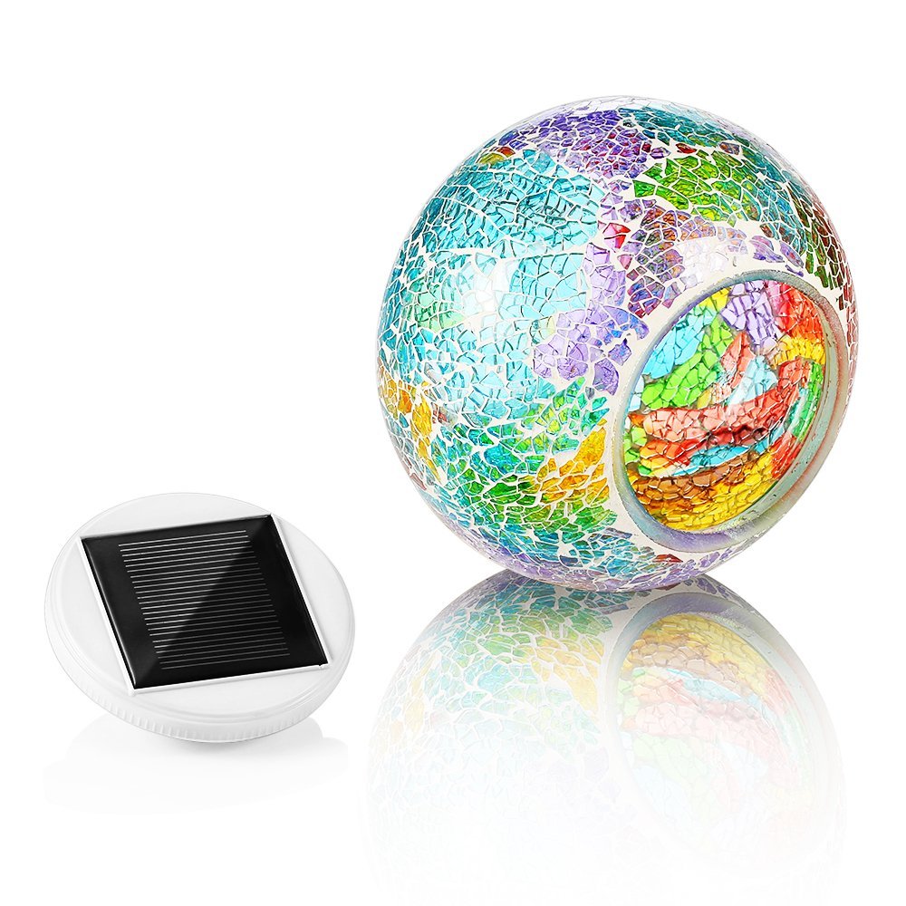 Color Changing Solar Powered Glass Mosaic Ball Led Garden Lights, Rechargeable Outdoor Waterproof Solar Night Lights Table Lamps for Decorations, Ideal Gifts