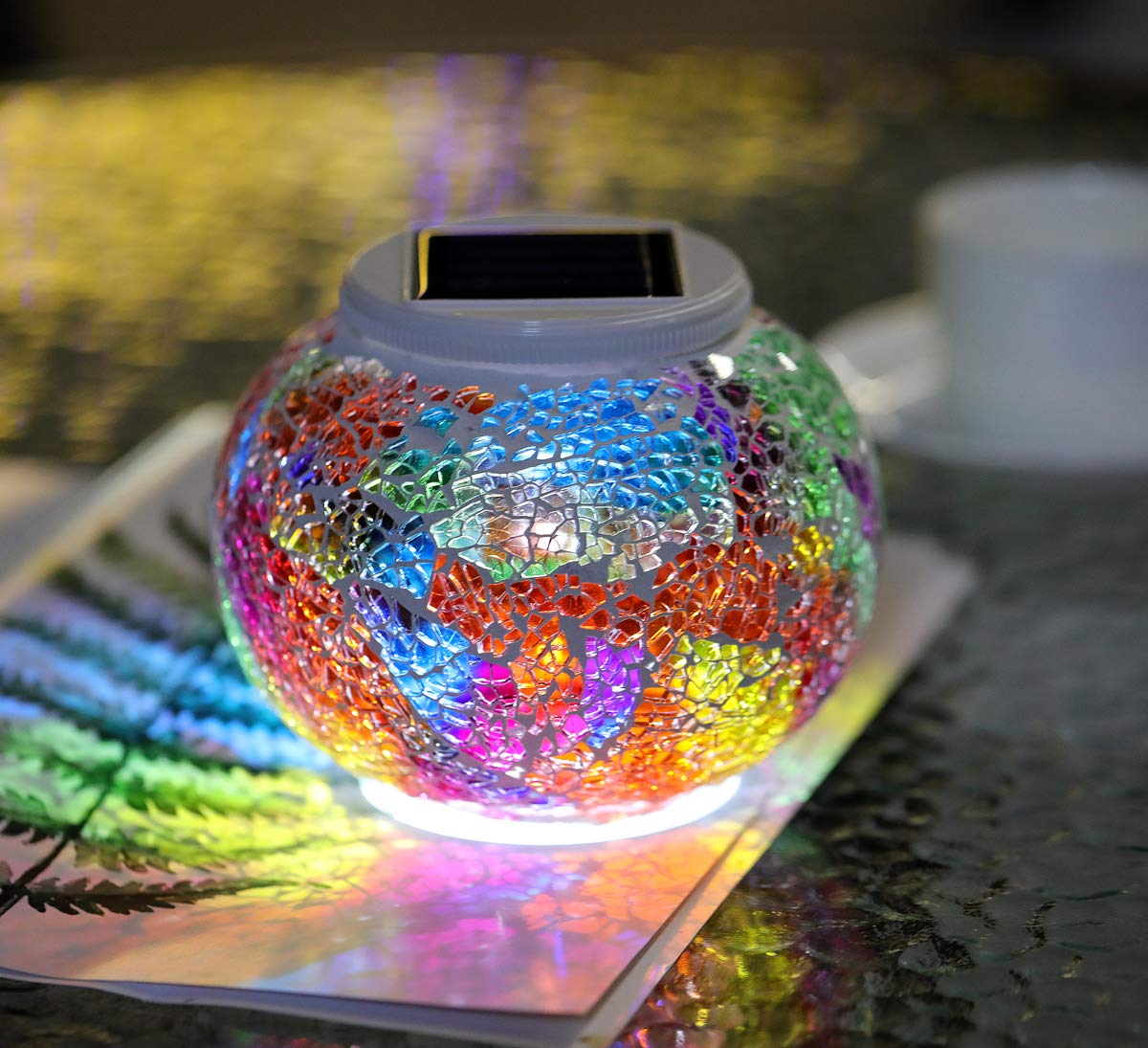 Color Changing Solar Powered Glass Mosaic Ball Led Garden Lights, Rechargeable Outdoor Waterproof Solar Night Lights Table Lamps for Decorations, Ideal Gifts