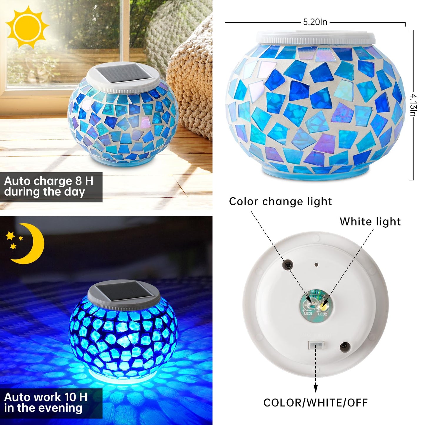 Color Changing Solar Powered Glass Mosaic Ball Led Garden Lights, Rechargeable Outdoor Waterproof Solar Night Lights Table Lamps for Decorations, Ideal Gifts