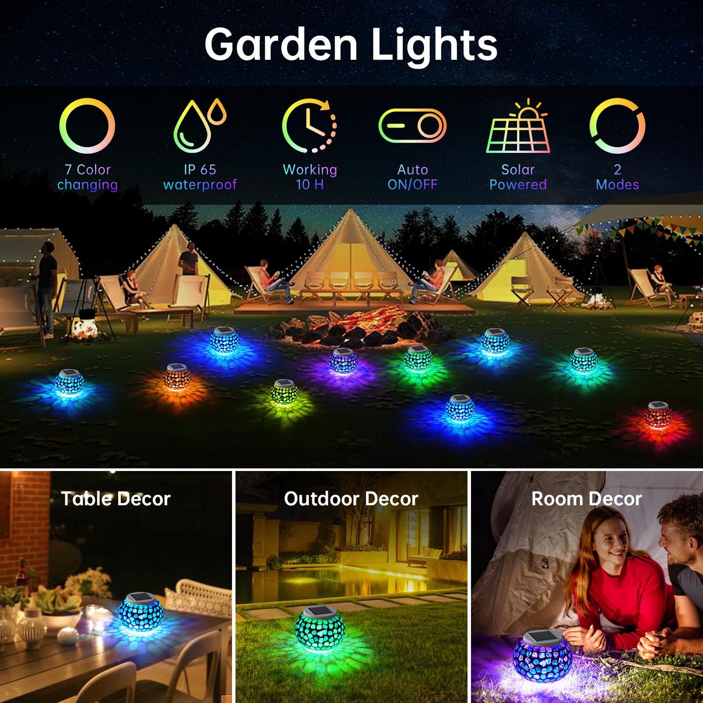 Color Changing Solar Powered Glass Mosaic Ball Led Garden Lights, Rechargeable Outdoor Waterproof Solar Night Lights Table Lamps for Decorations, Ideal Gifts